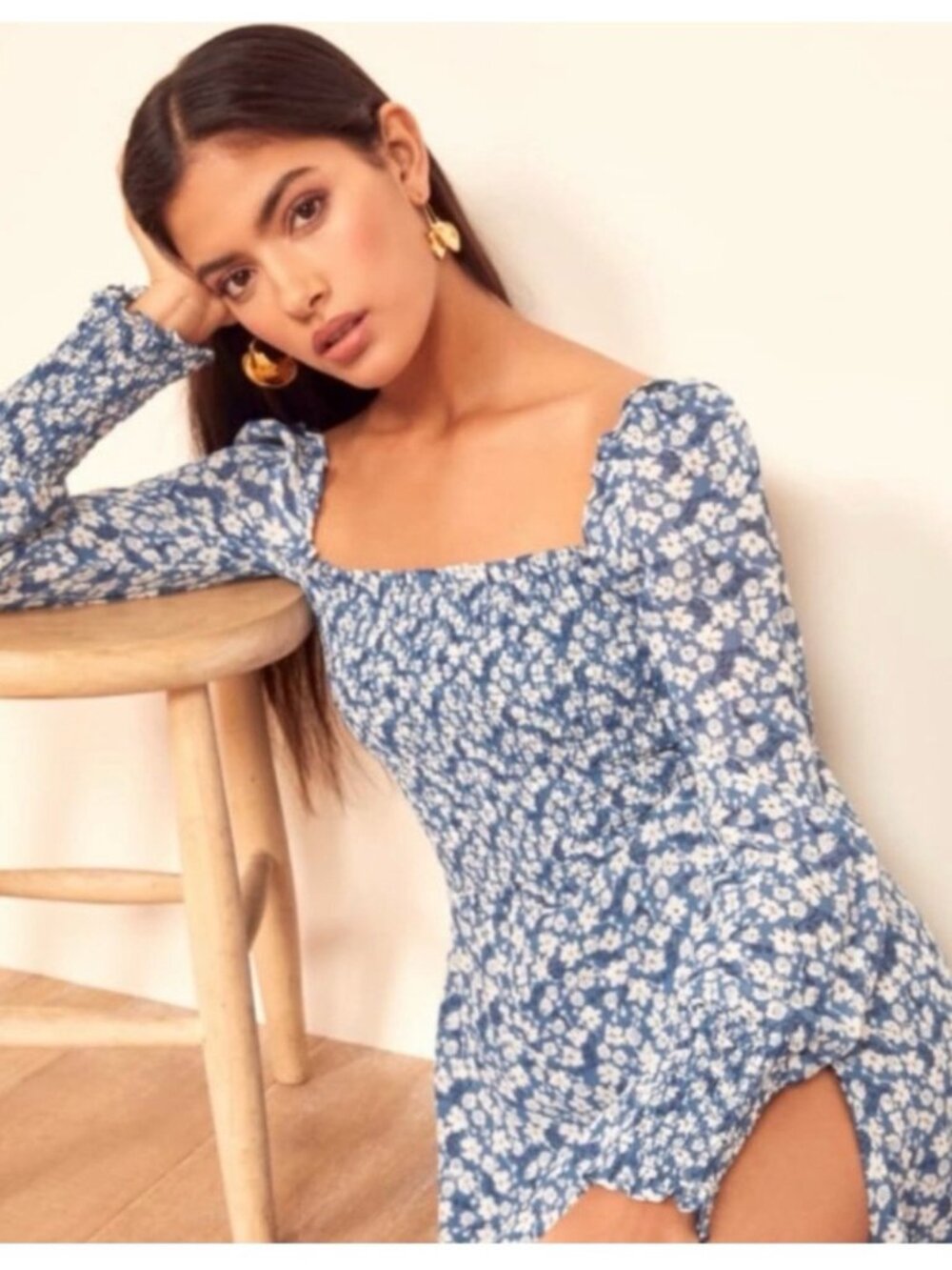 Reformation Rowan Dress in Raquel Blue Floral Square-Neck Long-Sleeve Midi - Picture 2 of 10